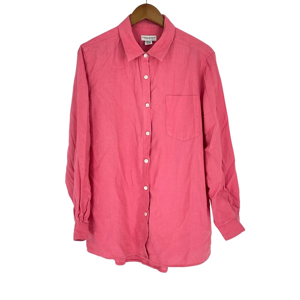 Pure & Simple Womens Shirt L Button Down Pink 100% Linen Long Sleeve